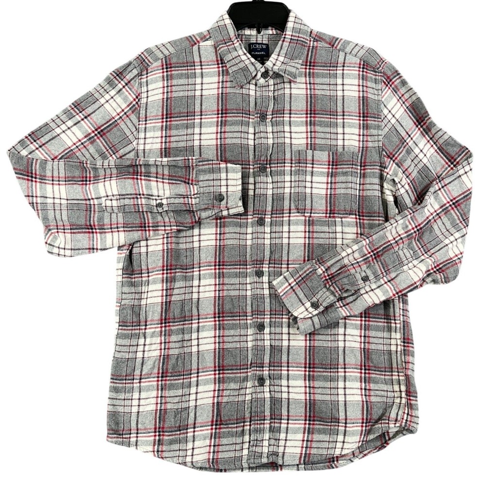 J.Crew Flannel Shirt Mens M Grey Red Plaid Long Sleeve Casual Everyday